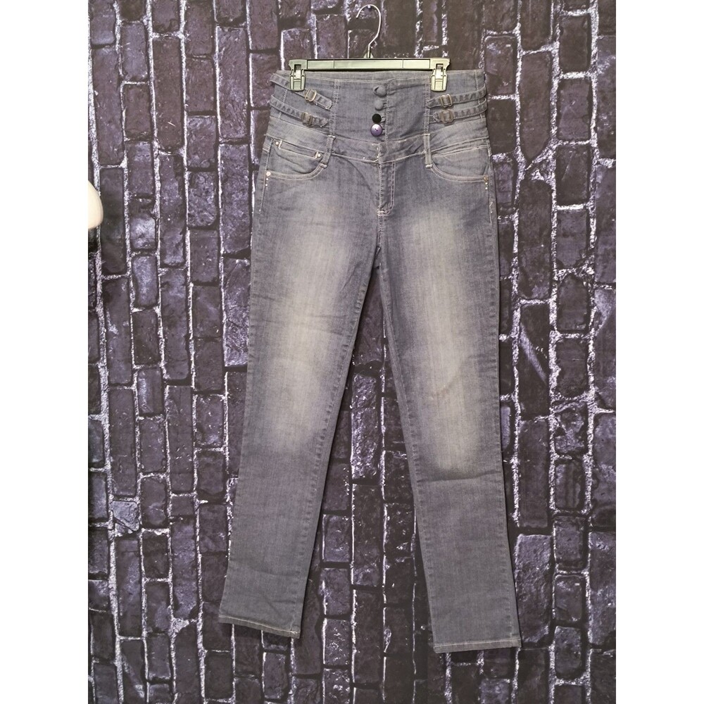H&G Skinny Denim Jeans Size 11 Light Gray Multi-Button Side Buckle Waist